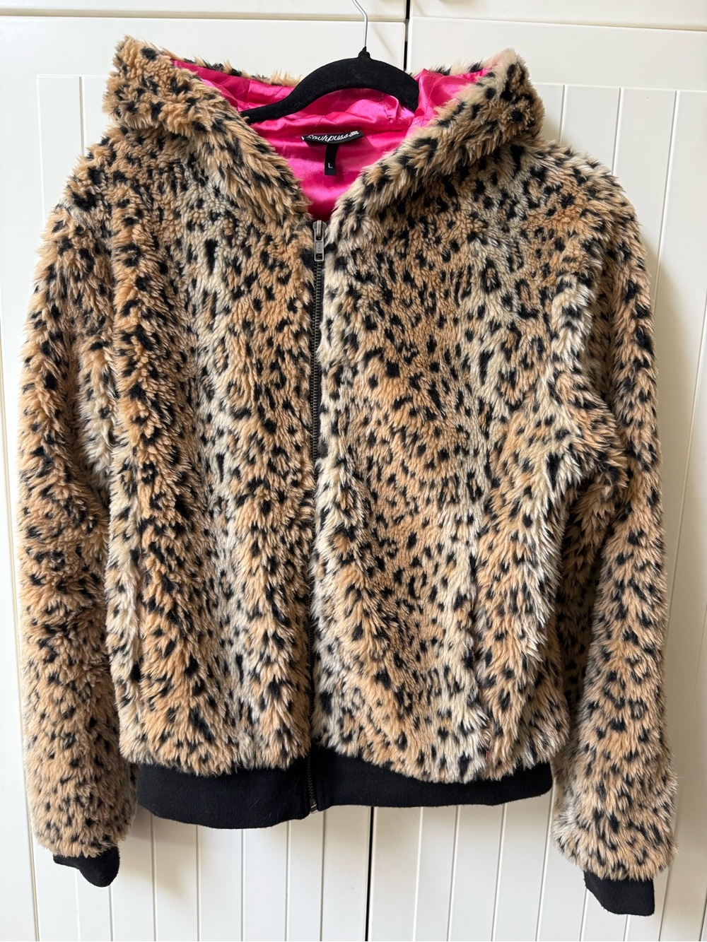 Sourpuss Kids Faux Fur Leopard Hooded Jacket with Pink Lining